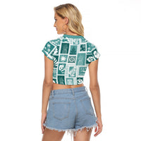 Hawaii Christmas Retro Patchwork Raglan Cropped T Shirt Teal LT7 - Polynesian Pride