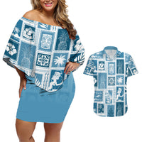 Hawaii Christmas Retro Patchwork Couples Matching Off Shoulder Short Dress and Hawaiian Shirt Aquamarine LT7 Aquamarine - Polynesian Pride