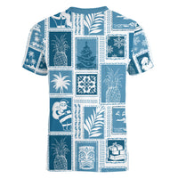 Hawaii Christmas Retro Patchwork Women V Neck T Shirt Aquamarine LT7 - Polynesian Pride