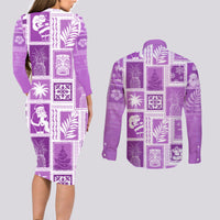 Hawaii Christmas Retro Patchwork Couples Matching Long Sleeve Bodycon Dress and Long Sleeve Button Shirt Violet LT7 - Polynesian Pride