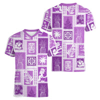 Hawaii Christmas Retro Patchwork Women V Neck T Shirt Violet LT7 - Polynesian Pride