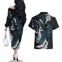 New Zealand Tui Bird Couples Matching Off The Shoulder Long Sleeve Dress and Hawaiian Shirt Maori Kowhaiwhai