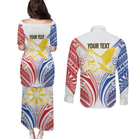 Philippines Tribal Sun Personalized Couples Matching Puletasi and Long Sleeve Button Shirt Hunting Eagle