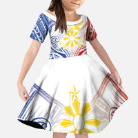 Philippines Tribal Sun Personalized Family Matching Puletasi and Hawaiian Shirt Hunting Eagle LT7 Daughter's Dress White - Polynesian Pride