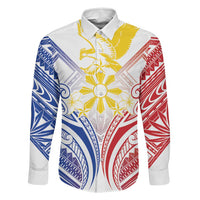 Philippines Tribal Sun Personalized Family Matching Puletasi and Hawaiian Shirt Hunting Eagle LT7 Dad's Shirt - Long Sleeve White - Polynesian Pride