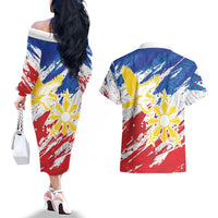 Personalized Filipino Sun and Stars Couples Matching Off The Shoulder Long Sleeve Dress and Hawaiian Shirt Grunge Vibes