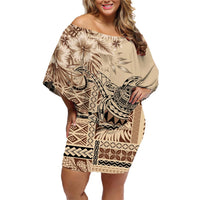 Vaiaso o le Gagana Samoa Family Matching Off Shoulder Short Dress and Hawaiian Shirt Siapo Motif Beige