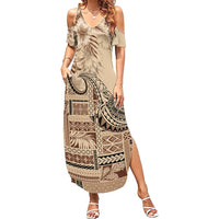 Vaiaso o le Gagana Samoa Family Matching Summer Maxi Dress and Hawaiian Shirt Siapo Motif Beige