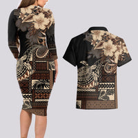 Vaiaso o le Gagana Samoa Couples Matching Long Sleeve Bodycon Dress and Hawaiian Shirt Siapo Motif Black