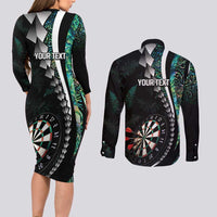 Personalized New Zealand Darts Couples Matching Long Sleeve Bodycon Dress and Long Sleeve Button Shirt Paua Shell Koiri - Manaia