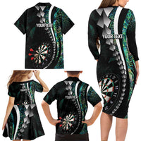Personalized New Zealand Darts Family Matching Long Sleeve Bodycon Dress and Hawaiian Shirt Paua Shell Koiri - Manaia