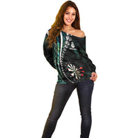 Personalized New Zealand Darts Off Shoulder Sweater Paua Shell Koiri - Manaia