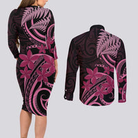 Aotearoa Maori Couples Matching Long Sleeve Bodycon Dress and Long Sleeve Button Shirt Pink Fern Ribbons on Black - Polynesian Pride