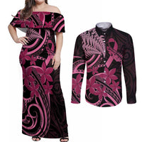 Aotearoa Maori Couples Matching Off Shoulder Maxi Dress and Long Sleeve Button Shirt Pink Fern Ribbons on Black - Polynesian Pride