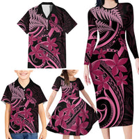 Aotearoa Maori Family Matching Long Sleeve Bodycon Dress and Hawaiian Shirt Pink Fern Ribbons on Black - Polynesian Pride