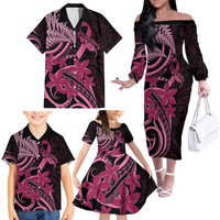 Aotearoa Maori Family Matching Off The Shoulder Long Sleeve Dress and Hawaiian Shirt Pink Fern Ribbons on Black - Polynesian Pride