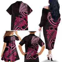 Aotearoa Maori Family Matching Off The Shoulder Long Sleeve Dress and Hawaiian Shirt Pink Fern Ribbons on Black - Polynesian Pride