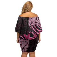 Aotearoa Maori Family Matching Off Shoulder Short Dress and Hawaiian Shirt Pink Fern Ribbons on Black - Polynesian Pride
