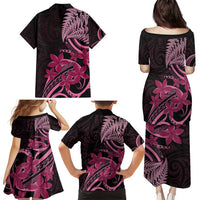 Aotearoa Maori Family Matching Puletasi and Hawaiian Shirt Pink Fern Ribbons on Black - Polynesian Pride
