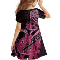 Aotearoa Maori Kid Short Sleeve Dress Pink Fern Ribbons on Black - Polynesian Pride