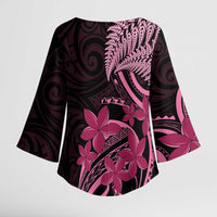 Aotearoa Maori Kimono Sleeve Blouse Pink Fern Ribbons on Black - Polynesian Pride