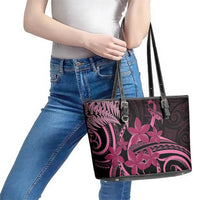 Aotearoa Maori Leather Tote Bag Pink Fern Ribbons on Black - Polynesian Pride