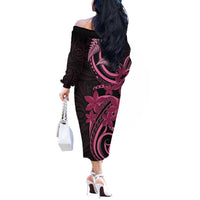 Aotearoa Maori Off The Shoulder Long Sleeve Dress Pink Fern Ribbons on Black - Polynesian Pride