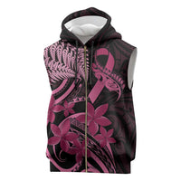 Aotearoa Maori Sleeveless Zip Hoodie Pink Fern Ribbons on Black LT7 Black - Polynesian Pride