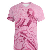 Aotearoa Maori Women V-Neck T-Shirt Pink Fern Ribbons - Polynesian Pride