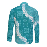 Hawaii Aloha Long Sleeve Button Shirt Teal Quilt Patch Work Mix Plumeria Lei