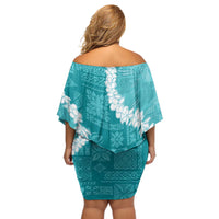 Hawaii Aloha Off Shoulder Short Dress Teal Quilt Patch Work Mix Plumeria Lei