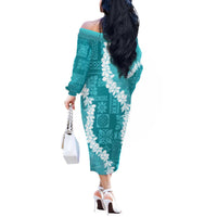 Hawaii Aloha Off The Shoulder Long Sleeve Dress Teal Quilt Patch Work Mix Plumeria Lei