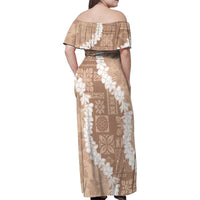 Hawaii Aloha Family Matching Off Shoulder Maxi Dress and Hawaiian Shirt Beige Quilt Patch Work Mix Plumeria Lei