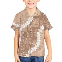 Hawaii Aloha Family Matching Short Sleeve Bodycon Dress and Hawaiian Shirt Beige Quilt Patch Work Mix Plumeria Lei