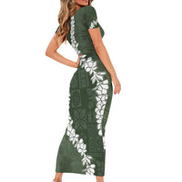 Hawaii Aloha Short Sleeve Bodycon Dress Sage Quilt Patch Work Mix Plumeria Lei