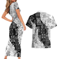 Hawaii Aloha Couples Matching Short Sleeve Bodycon Dress and Hawaiian Shirt White Quilt Patch Work Mix Plumeria Lei
