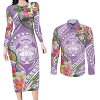 Aloha Hawaii Kauai Couples Matching Long Sleeve Bodycon Dress and Long Sleeve Button Shirt Frangipani Mix Mokihana Lei
