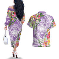Aloha Hawaii Kauai Couples Matching Off The Shoulder Long Sleeve Dress and Hawaiian Shirt Frangipani Mix Mokihana Lei