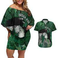 New Zealand Aroha Koe Mama Couples Matching Off Shoulder Short Dress and Hawaiian Shirt Maori Hongi - Pounamu