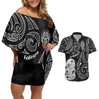 Kia Hara Te reo Maori Couples Matching Off Shoulder Short Dress and Hawaiian Shirt Manaia Moko Pattern