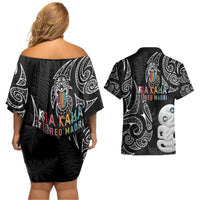 Kia Hara Te reo Maori Couples Matching Off Shoulder Short Dress and Hawaiian Shirt Manaia Moko Pattern