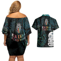 Kia Hara Te reo Maori Couples Matching Off Shoulder Short Dress and Hawaiian Shirt Manaia Moko Mix Paua Shell