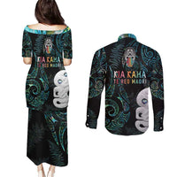 Kia Hara Te reo Maori Couples Matching Puletasi and Long Sleeve Button Shirt Manaia Moko Mix Paua Shell