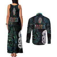Kia Hara Te reo Maori Couples Matching Tank Maxi Dress and Long Sleeve Button Shirt Manaia Moko Mix Paua Shell