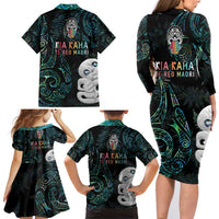 Kia Hara Te reo Maori Family Matching Long Sleeve Bodycon Dress and Hawaiian Shirt Manaia Moko Mix Paua Shell