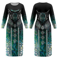 Aotearoa Maori Iwi Heritage Couples Matching Long Sleeve Bodycon Dress and Hawaiian Shirt Ngati Kahungunu Paua Shell Turquoise LT7 - Polynesian Pride