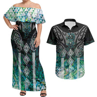 Aotearoa Maori Iwi Heritage Couples Matching Off Shoulder Maxi Dress and Hawaiian Shirt Ngati Kahungunu Paua Shell Turquoise LT7 Green Blue - Polynesian Pride