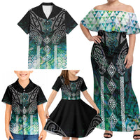 Aotearoa Maori Iwi Heritage Family Matching Off Shoulder Maxi Dress and Hawaiian Shirt Ngati Kahungunu Paua Shell Turquoise LT7 - Polynesian Pride
