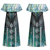 Aotearoa Maori Iwi Heritage Family Matching Off Shoulder Maxi Dress and Hawaiian Shirt Ngati Kahungunu Paua Shell Turquoise LT7 Mom's Dress Green Blue - Polynesian Pride
