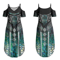 Aotearoa Maori Iwi Heritage Family Matching Summer Maxi Dress and Hawaiian Shirt Ngati Kahungunu Paua Shell Turquoise LT7 Mom's Dress Green Blue - Polynesian Pride